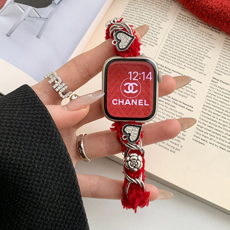 For Apple Watch Series 9 8 7 41mm / SE (2023) SE (2022) SE 6 5 4 40mm / 3 2 1 38mm Plush Watch Band with Pendants - Red / Butterfly For Apple Watch Series 9 8 7 41mm / SE (2023) SE (2022) SE 6 5 4 40mm / 3 2 1 38mm Plush Watch Band with Pendants - Red / Butterfly